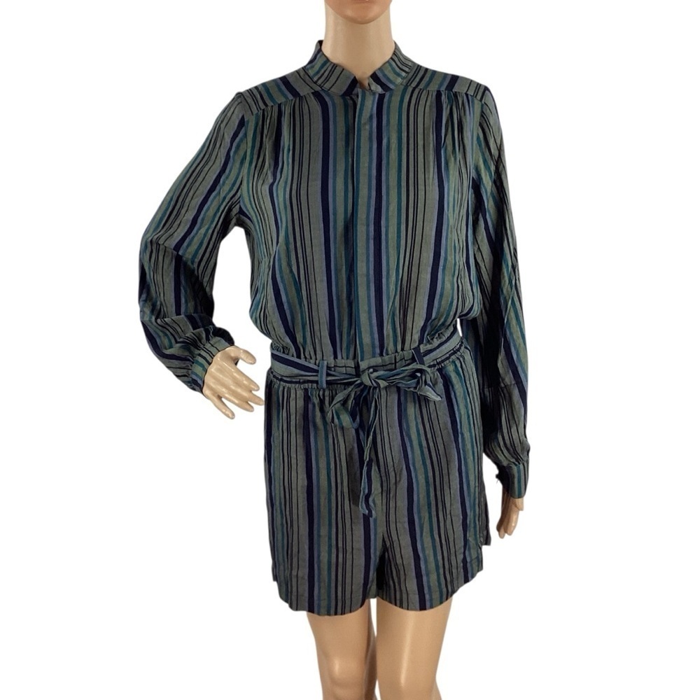 Chaser Striped Long Sleeve Belted Button Front Romper Small